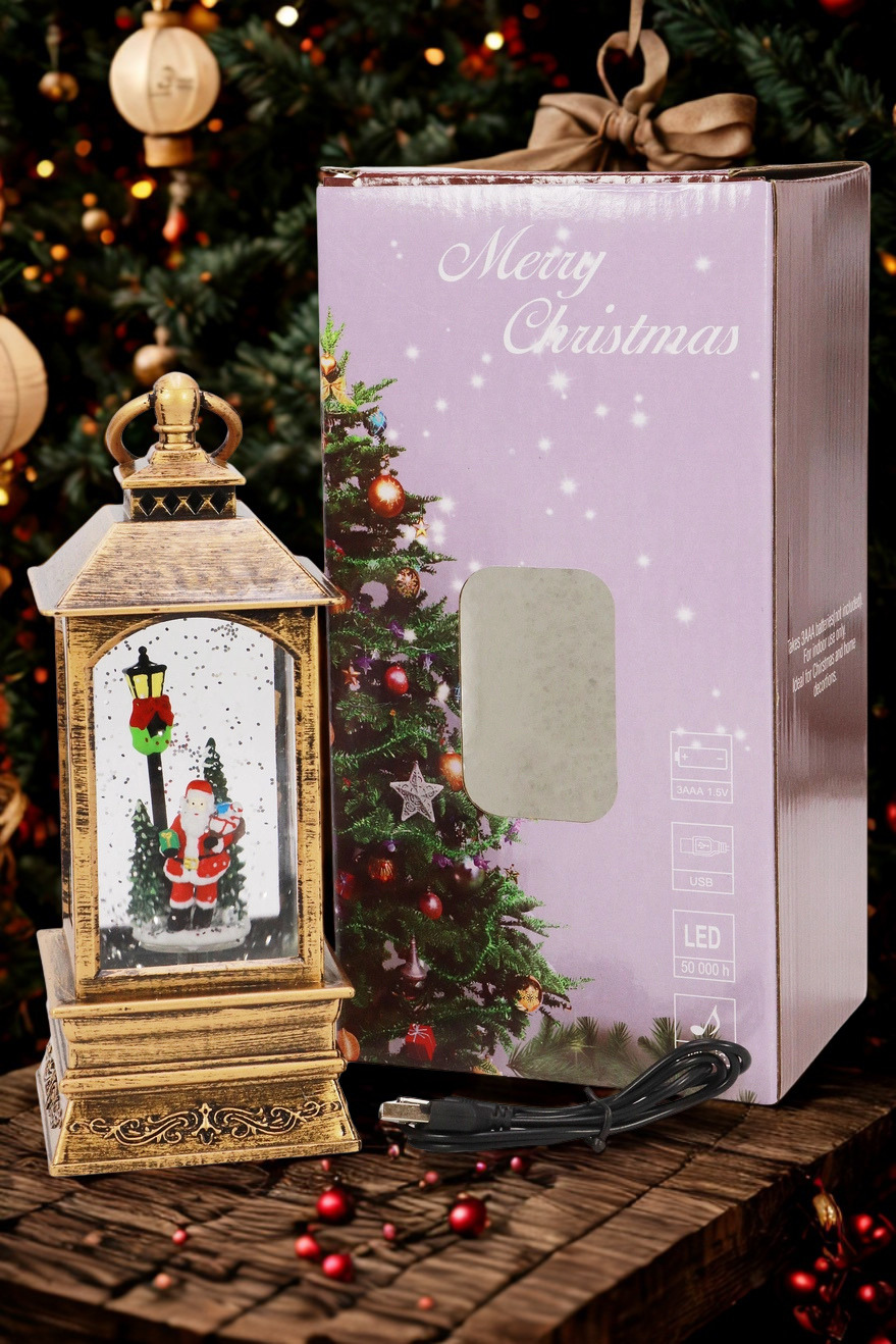 Vintage Christmas Glitter Lantern | Rotating Snow Globe | Music & Antique Bronze LED