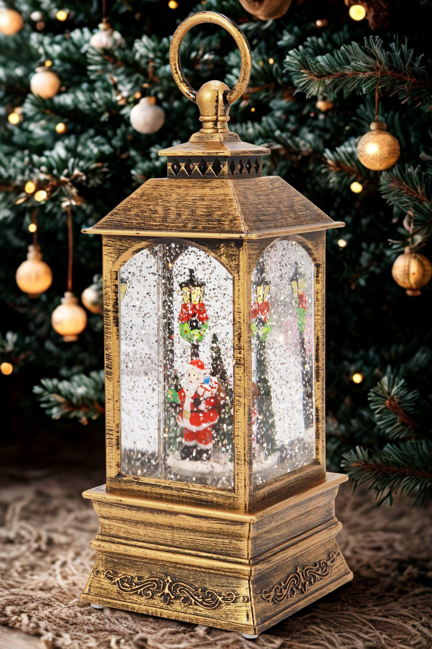 Vintage Christmas Glitter Lantern | Rotating Snow Globe | Music & Antique Bronze LED