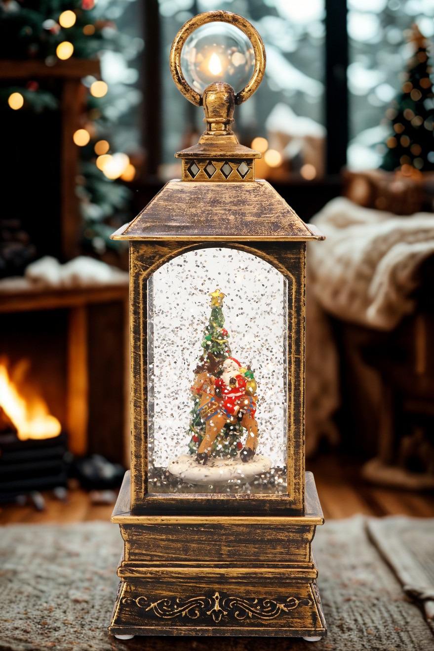 Vintage Christmas Glitter Lantern | Rotating Snow Globe | Music & Antique Bronze LED