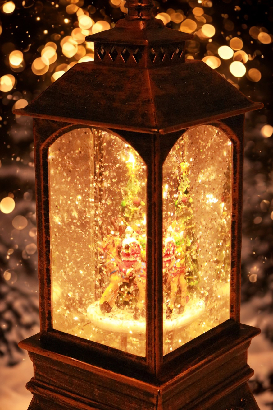 Vintage Christmas Glitter Lantern | Rotating Snow Globe | Music & Antique Bronze LED