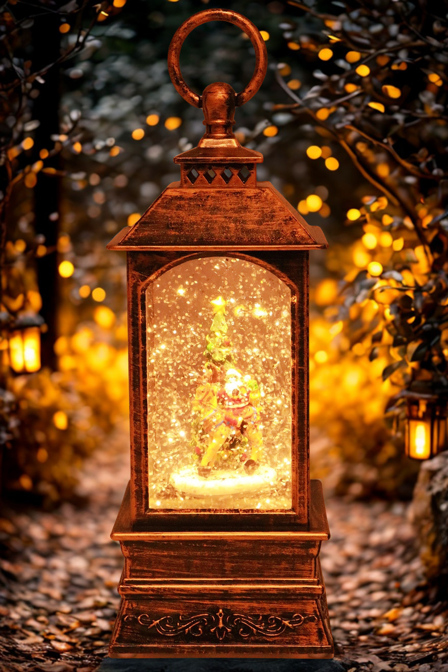 Vintage Christmas Glitter Lantern | Rotating Snow Globe | Music & Antique Bronze LED