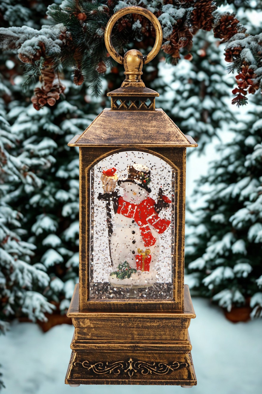 Vintage Christmas Glitter Lantern | Rotating Snow Globe | Music & Antique Bronze LED