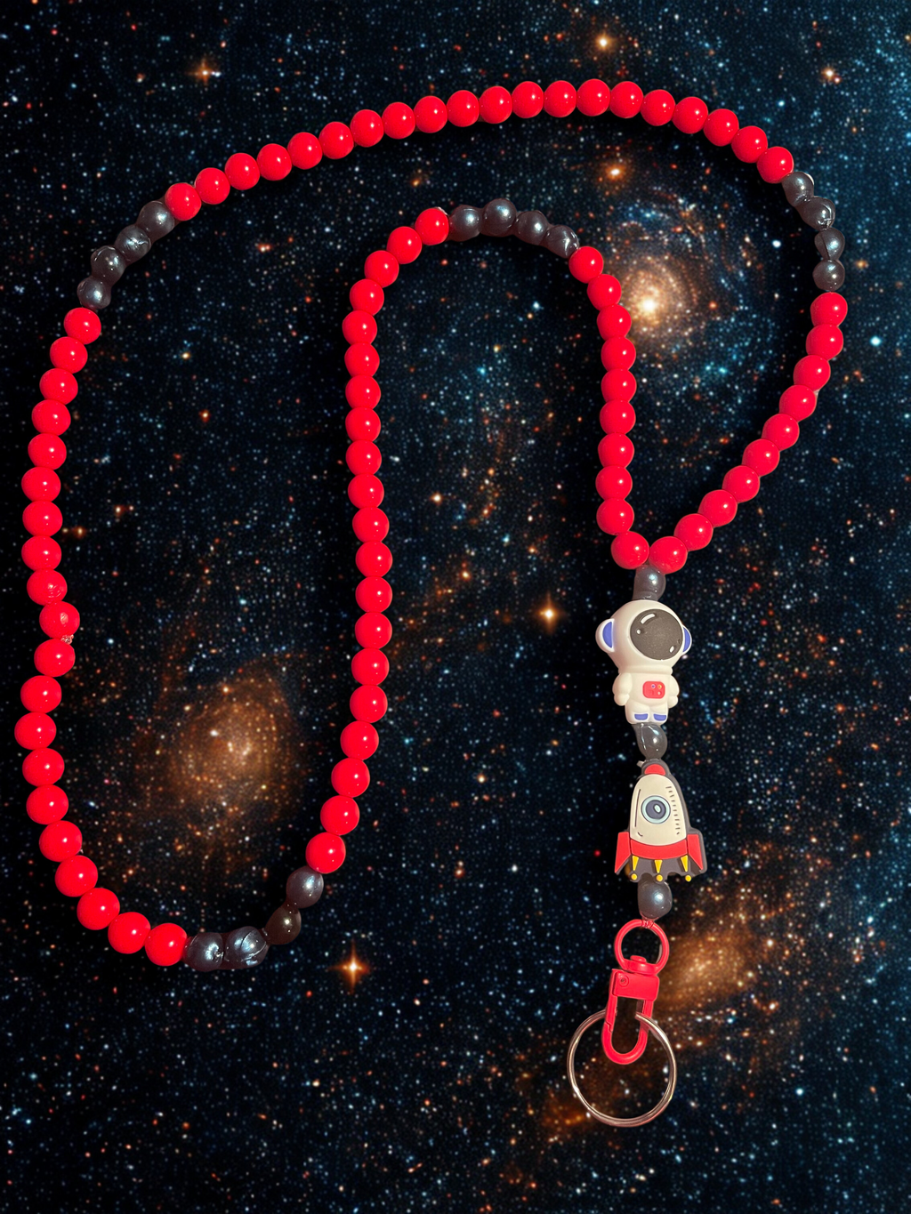 Alien & Astronaut Handmade Beaded Lanyard - Colorful Space Theme Bead Lanyard, Over the Neck ID Holder