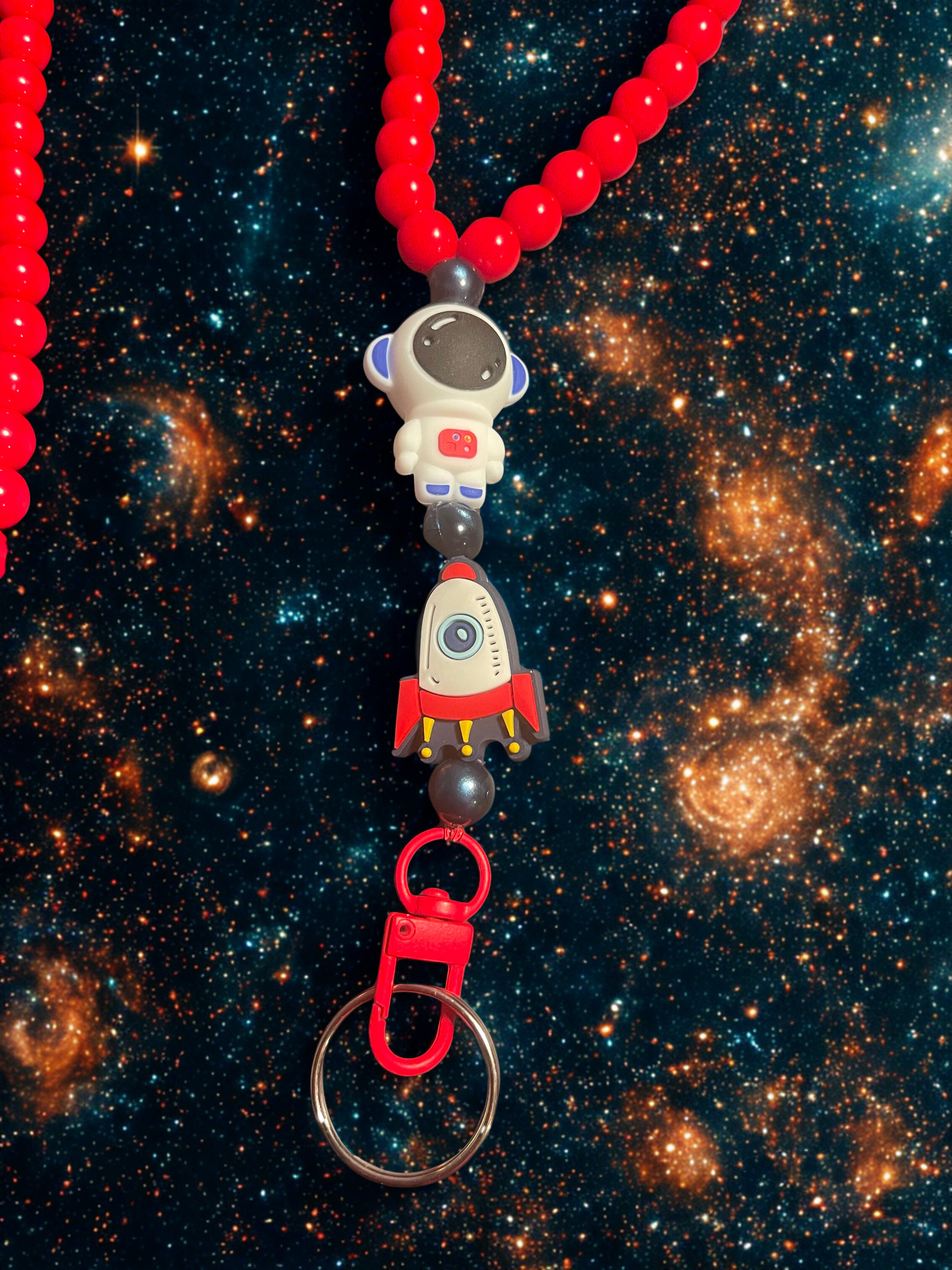 Alien & Astronaut Handmade Beaded Lanyard - Colorful Space Theme Bead Lanyard, Over the Neck ID Holder
