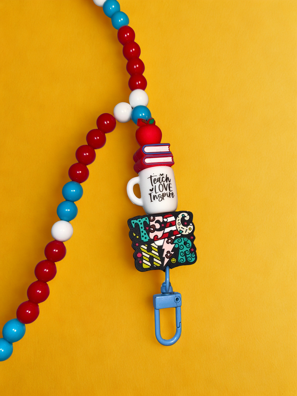 Teacher Handmade Beaded Lanyard - Bright Acrylic & Silicone Teacher Theme Bead Lanyard, Gift for Teachers