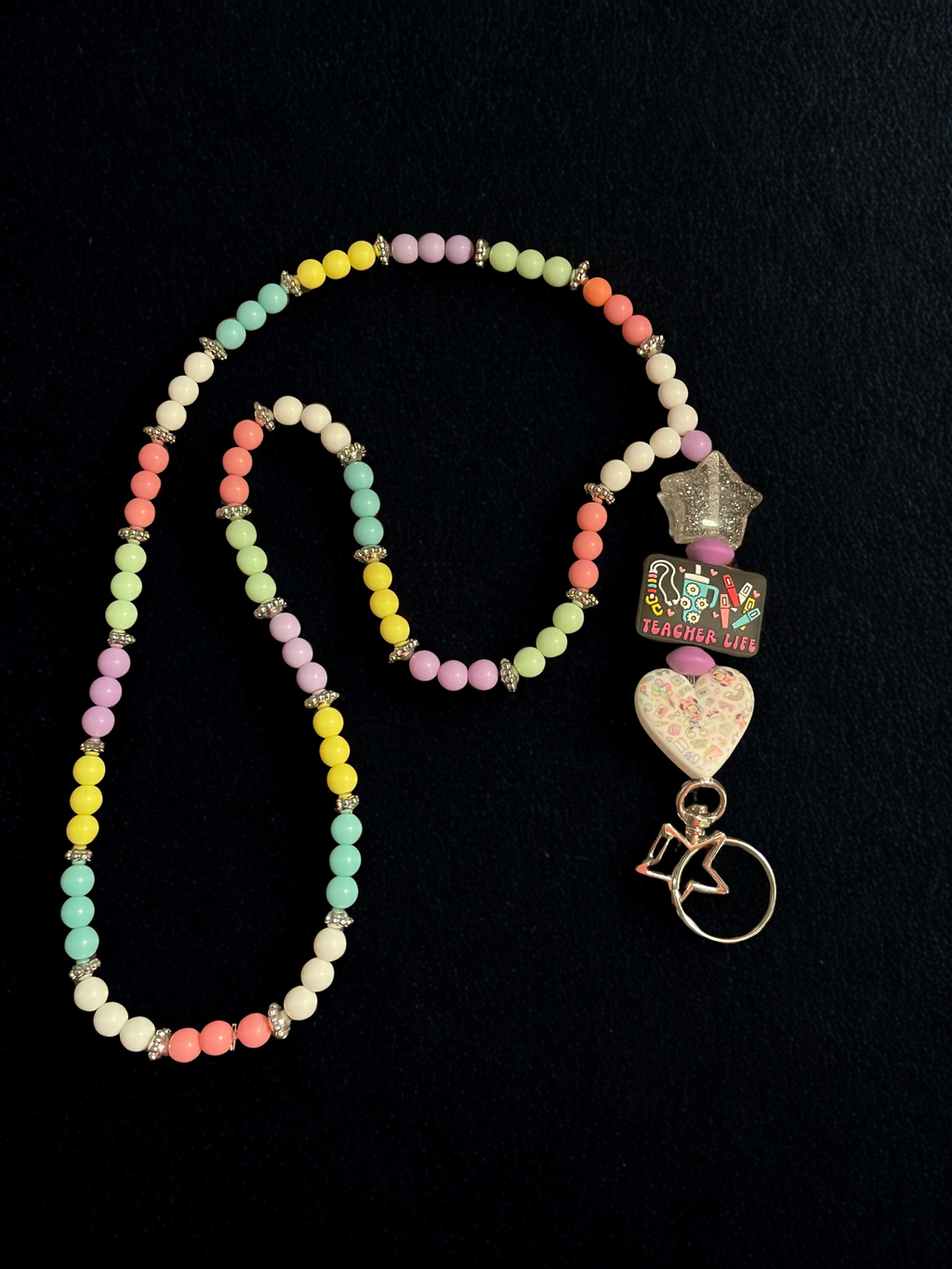 Teacher Handmade Beaded Lanyard - Bright Acrylic & Silicone Teacher Theme Bead Lanyard, Gift for Teachers