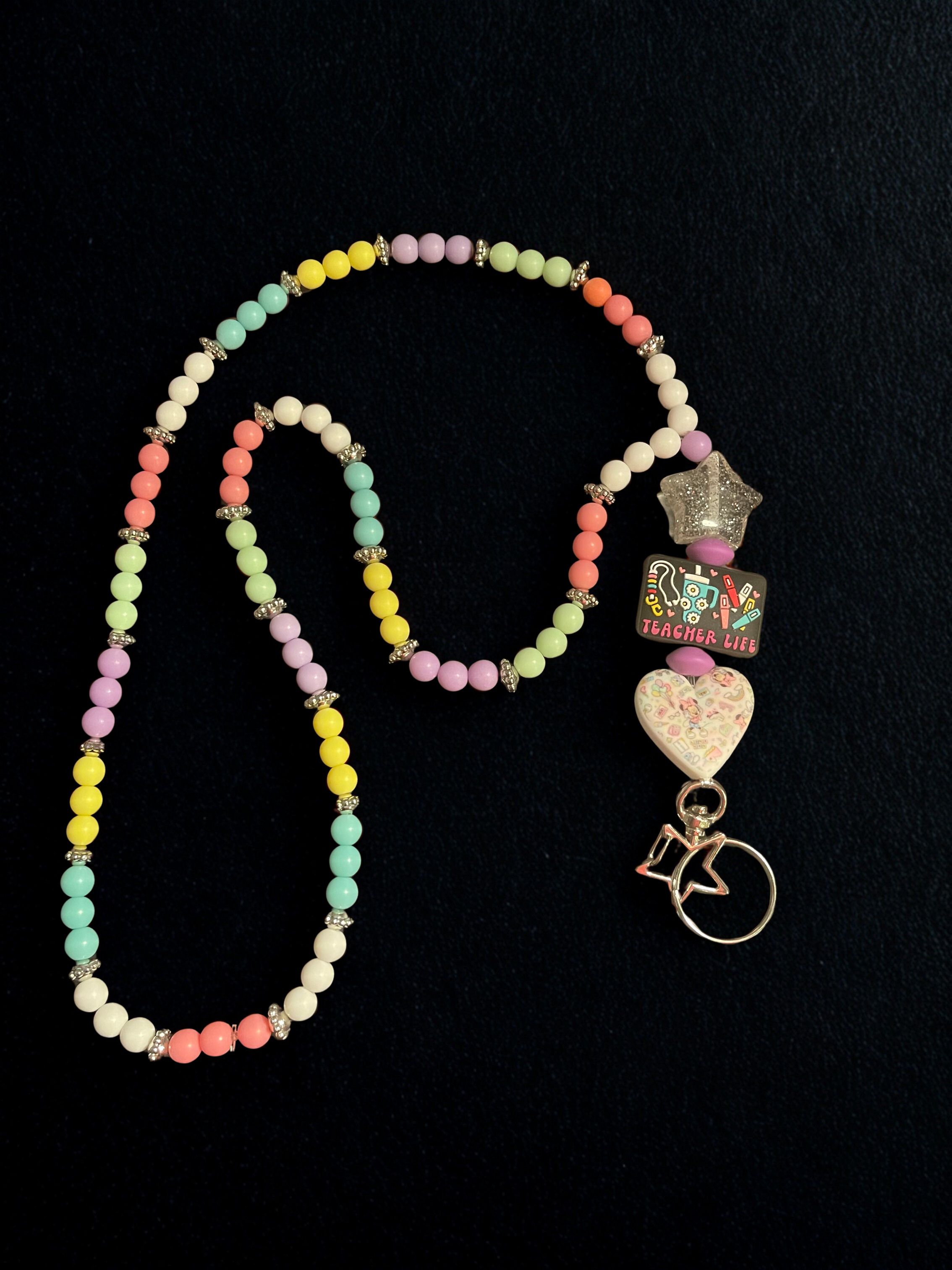 Teacher Handmade Beaded Lanyard - Bright Acrylic & Silicone Teacher Theme Bead Lanyard, Gift for Teachers