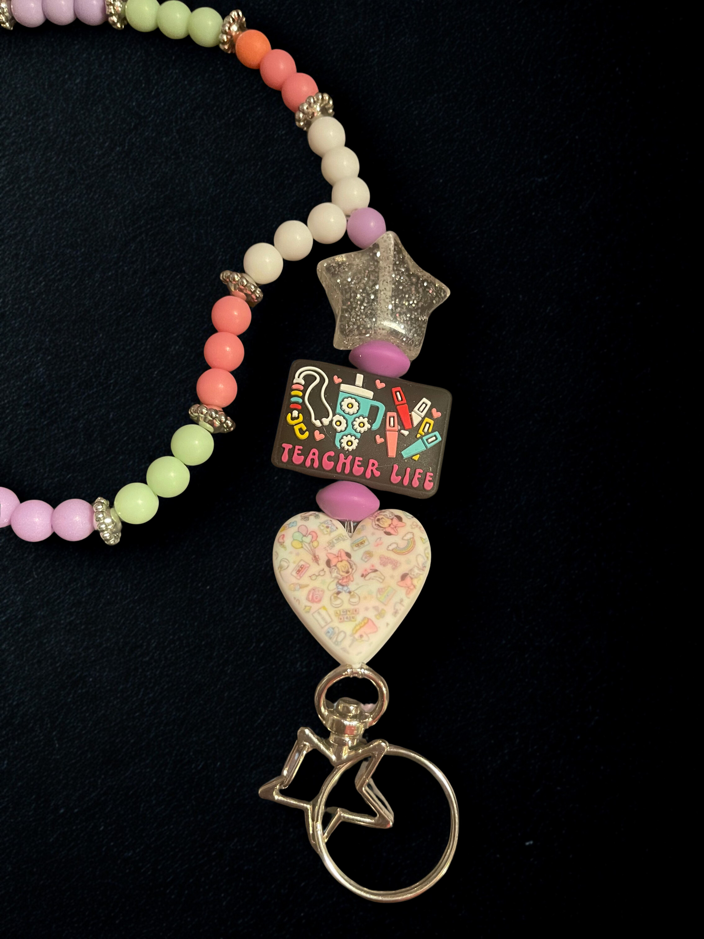 Teacher Handmade Beaded Lanyard - Bright Acrylic & Silicone Teacher Theme Bead Lanyard, Gift for Teachers