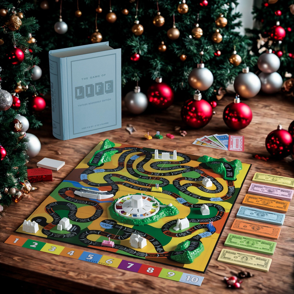 The Game of Life Vintage Bookshelf Edition - open box with all game components displayed