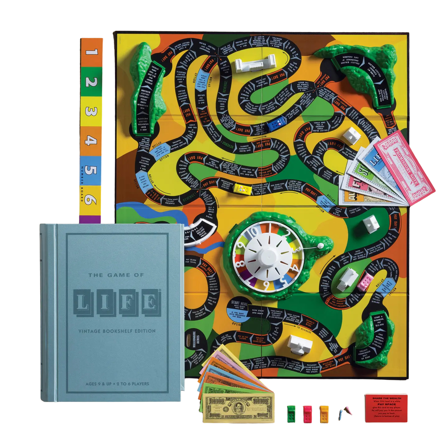 The Game of Life Vintage Bookshelf Edition - flat lay of all vintage game components