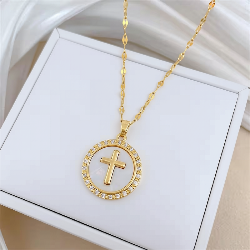 Gold-Tone Cross Medallion Necklace with Cubic Zirconia Halo