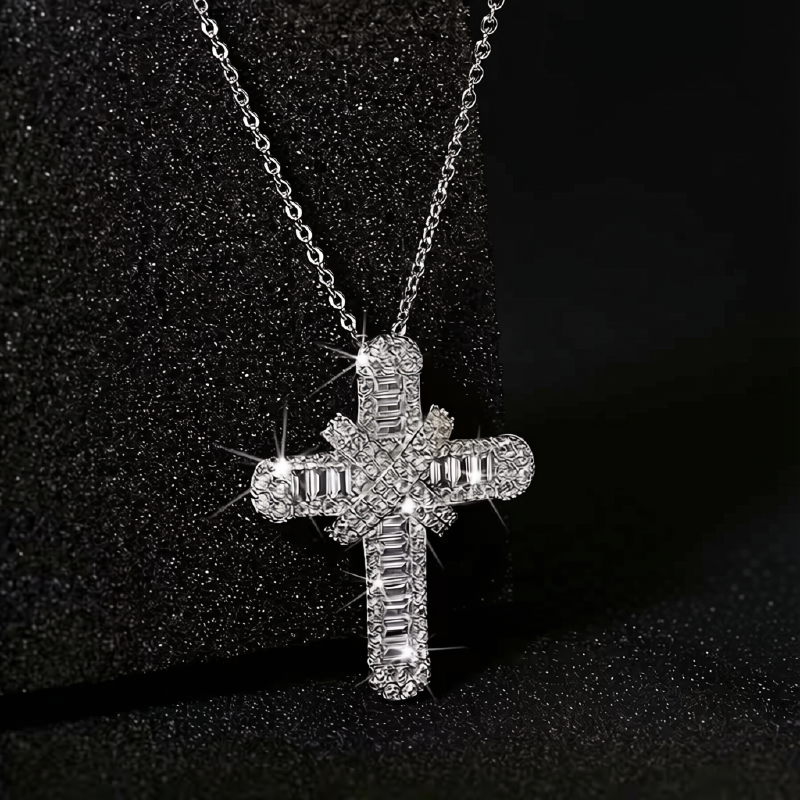 Silver-Tone Double Cross Cubic Zirconia Pendant Necklace