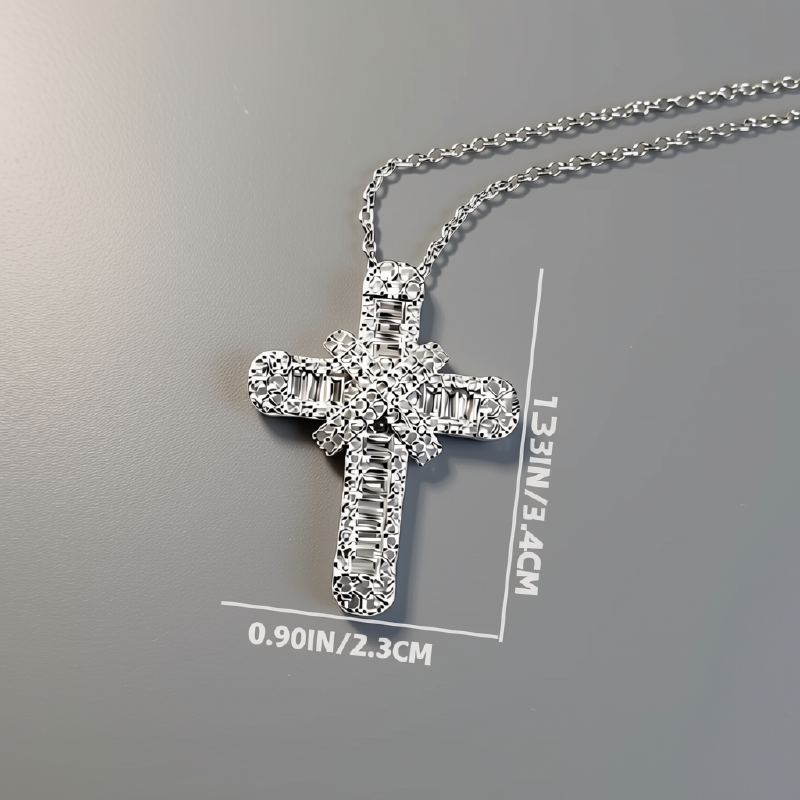 Silver-Tone Double Cross Cubic Zirconia Pendant Necklace