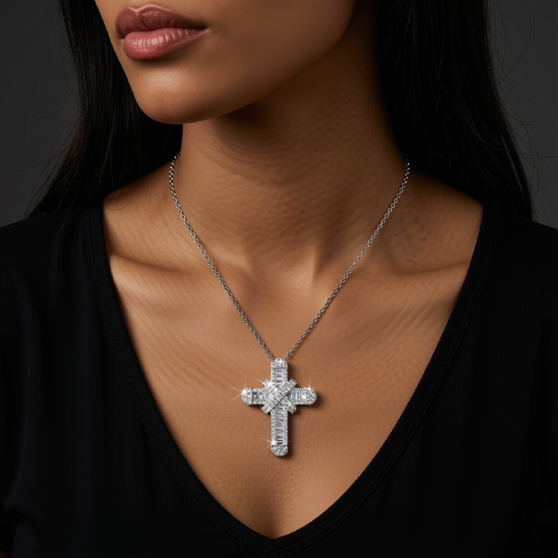 Silver-Tone Double Cross Cubic Zirconia Pendant Necklace