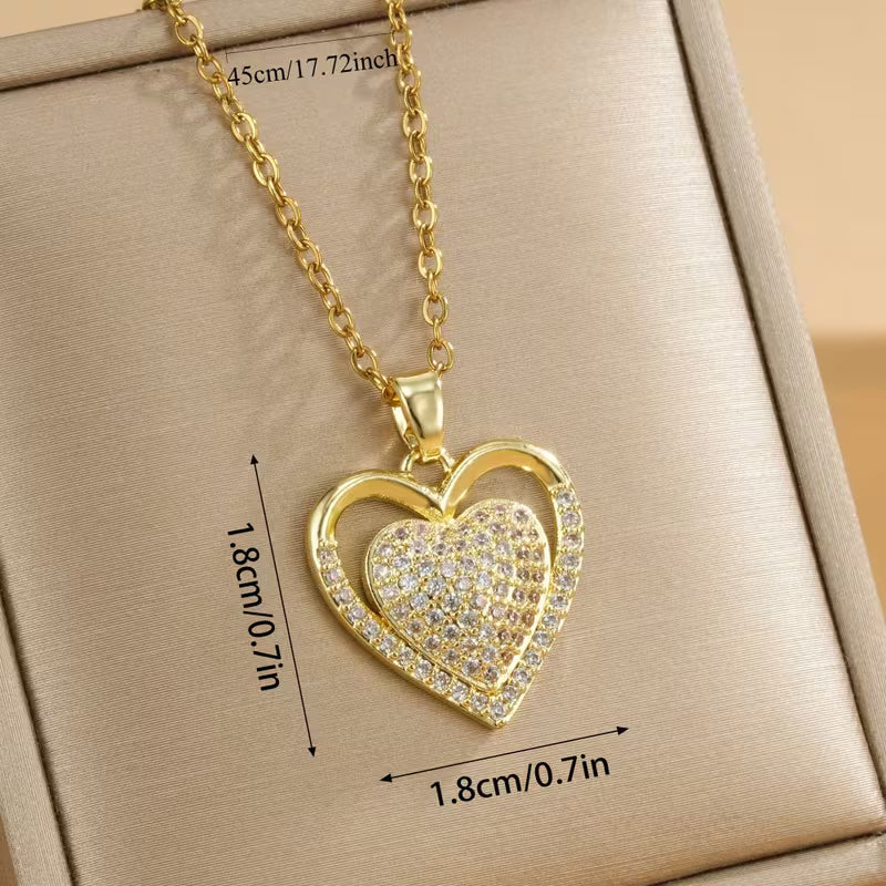 Double Heart Cubic Zirconia Pendant Necklace