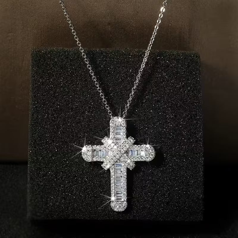 Silver-Tone Double Cross Cubic Zirconia Pendant Necklace
