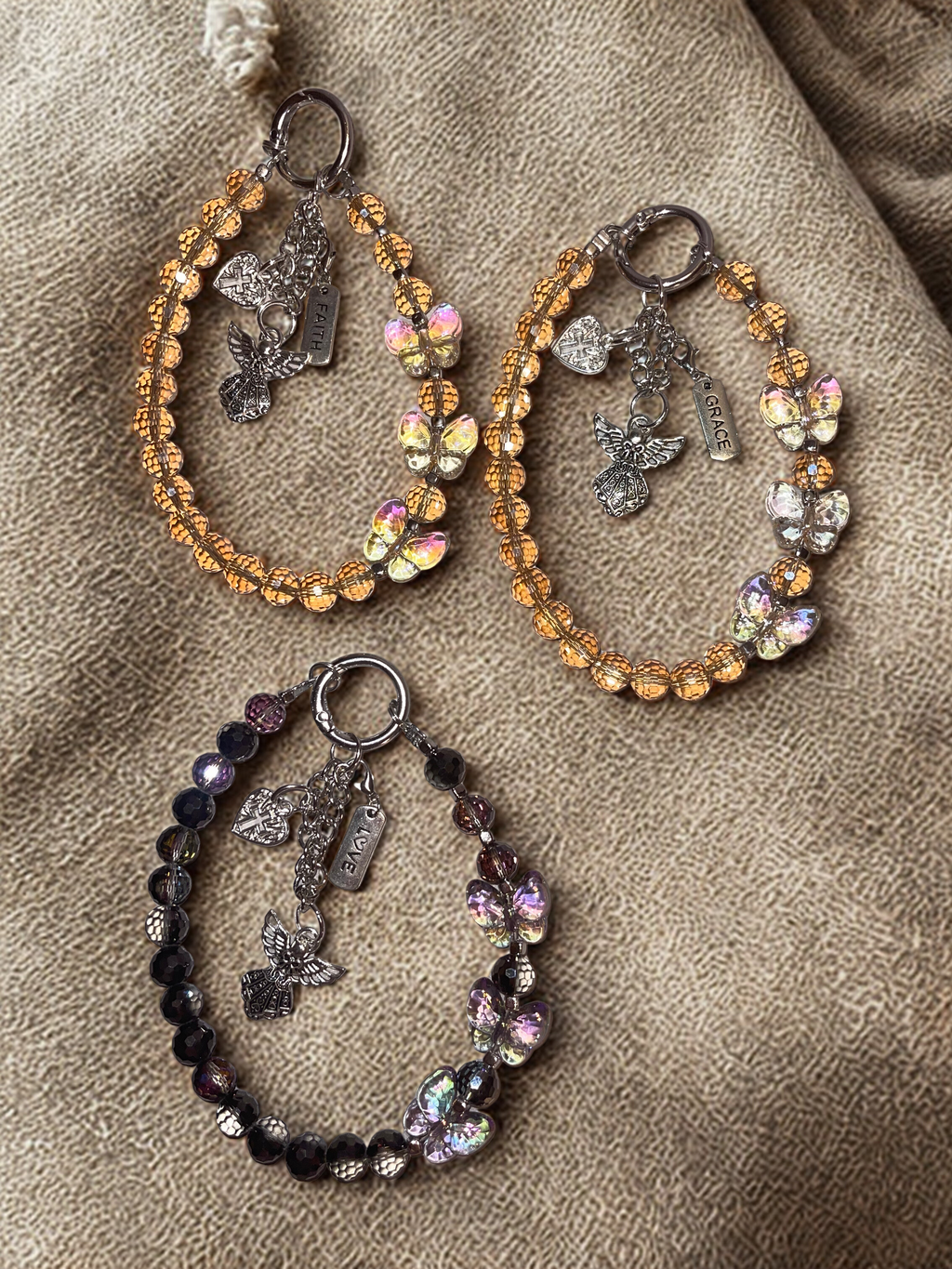 Faith Butterfly Embellished Phone Charm - Glass Beaded Phone Strap with Silver Faith Charms, Inspirational Phone Accessory