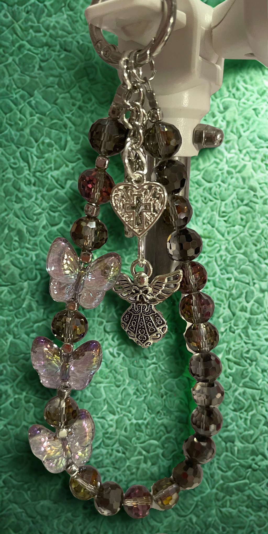 Faith Butterfly Embellished Phone Charm - Glass Beaded Phone Strap with Silver Faith Charms, Inspirational Phone Accessory
