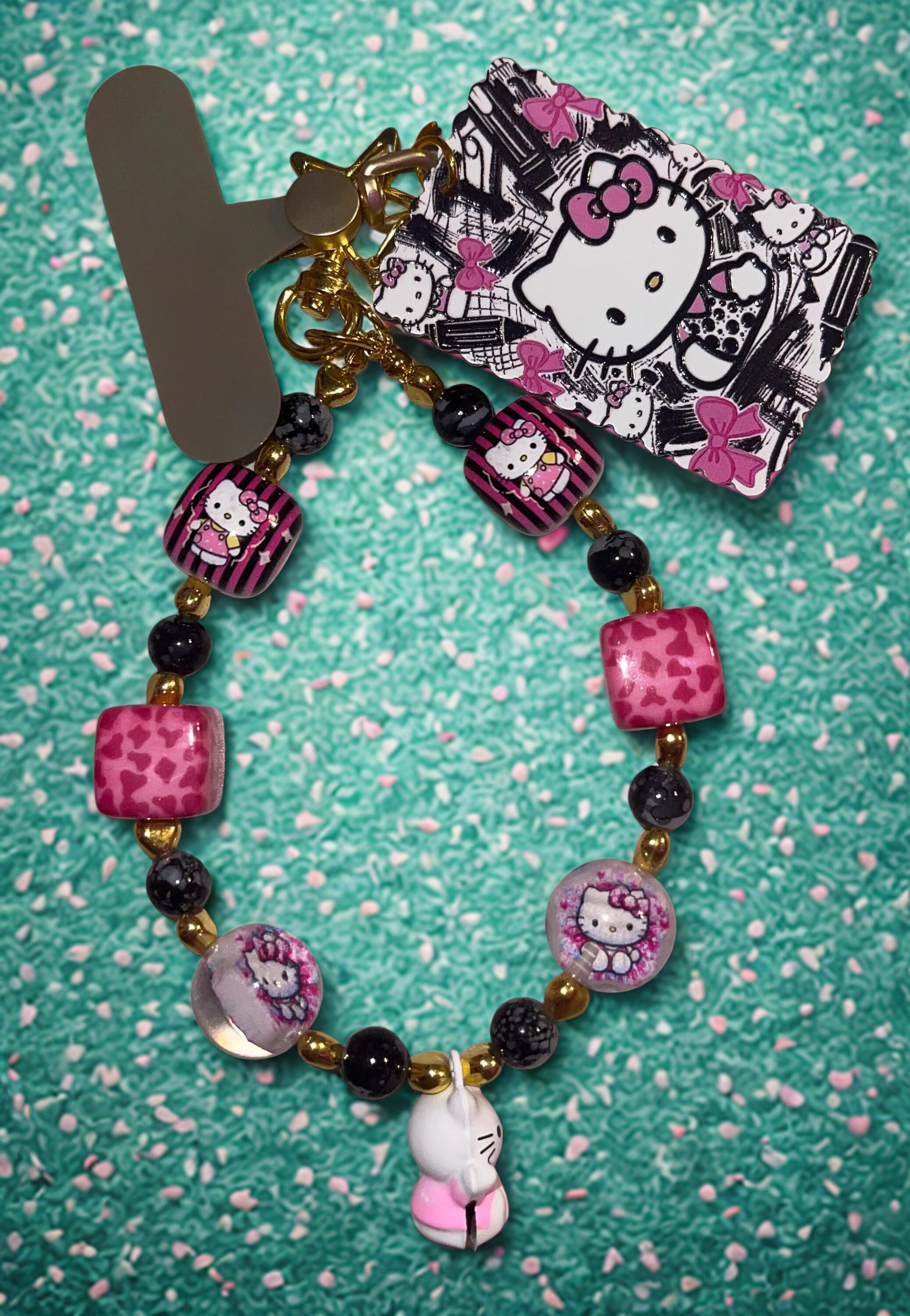 Hello Kitty Handmade Phone Charm - Beaded HK Phone Strap with Tab, Cute Phone Accessory