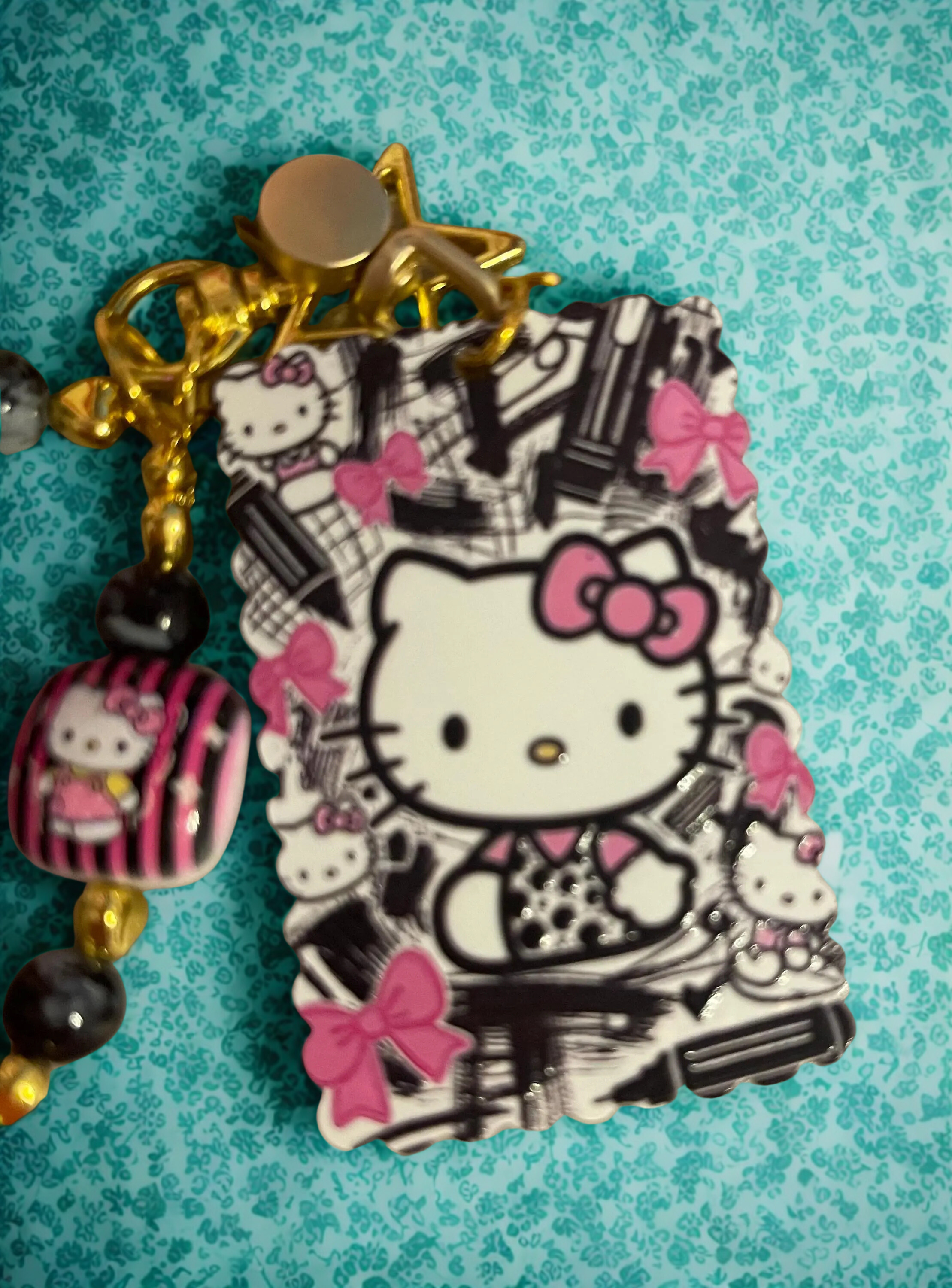 Hello Kitty Handmade Phone Charm - Beaded HK Phone Strap with Tab, Cute Phone Accessory