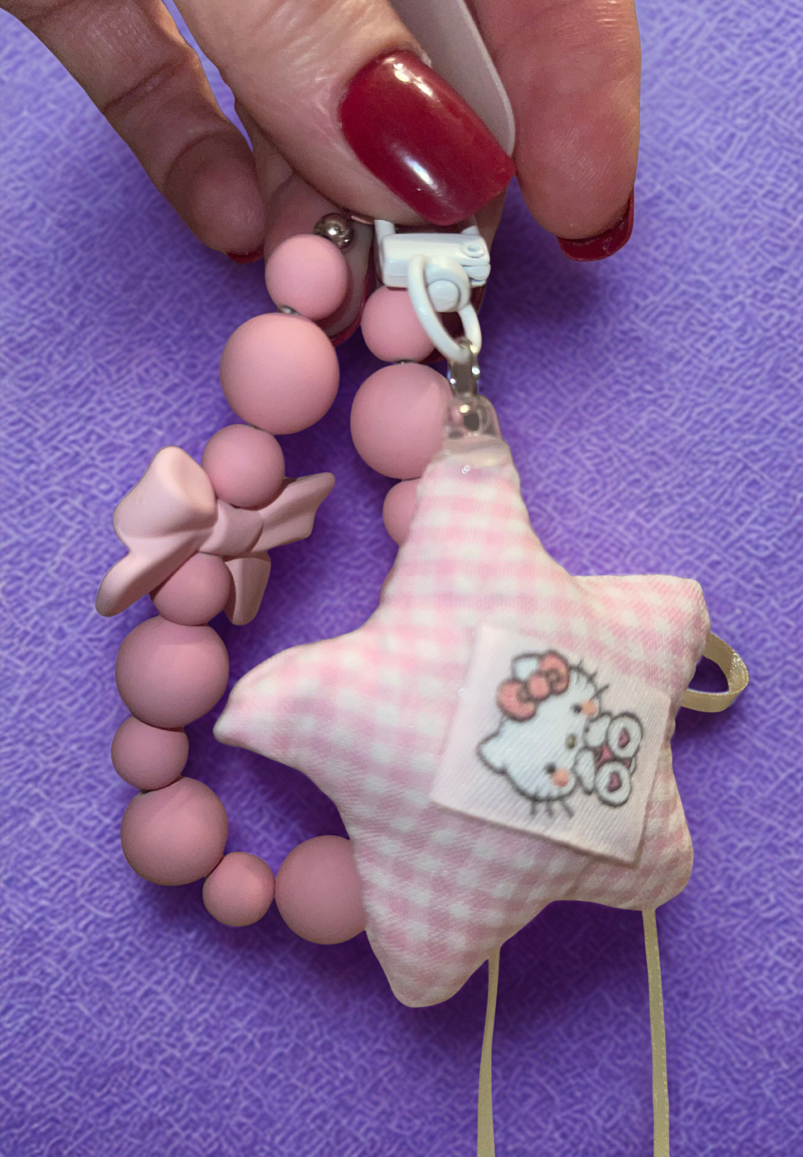 Hello Kitty Handmade Phone Charm - Beaded HK Phone Strap with Tab, Cute Phone Accessory