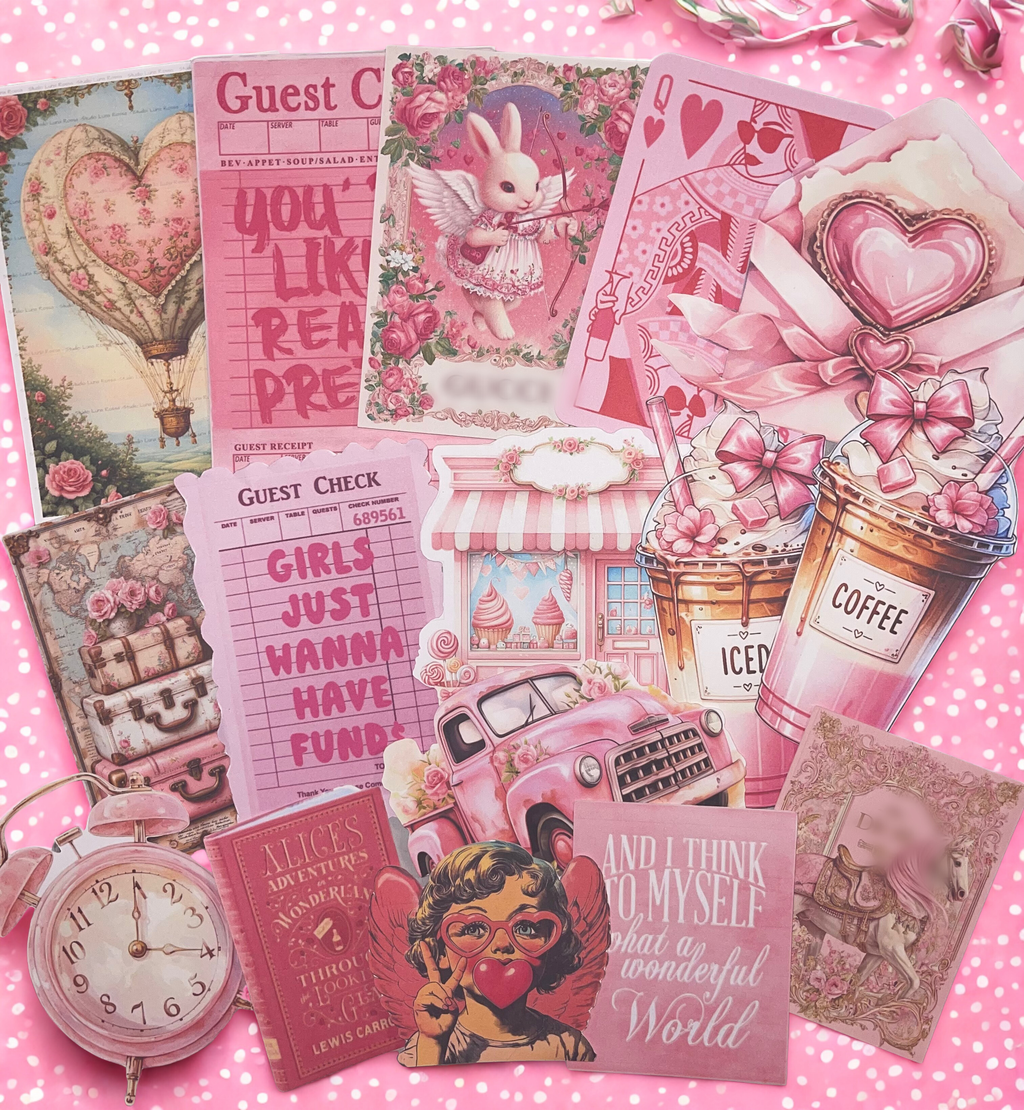All Things Pink Ephemera Collection - DIY Junk Journal Kit with Paper, Photo Paper & Die Cut Stickers, Scrapbook Supply