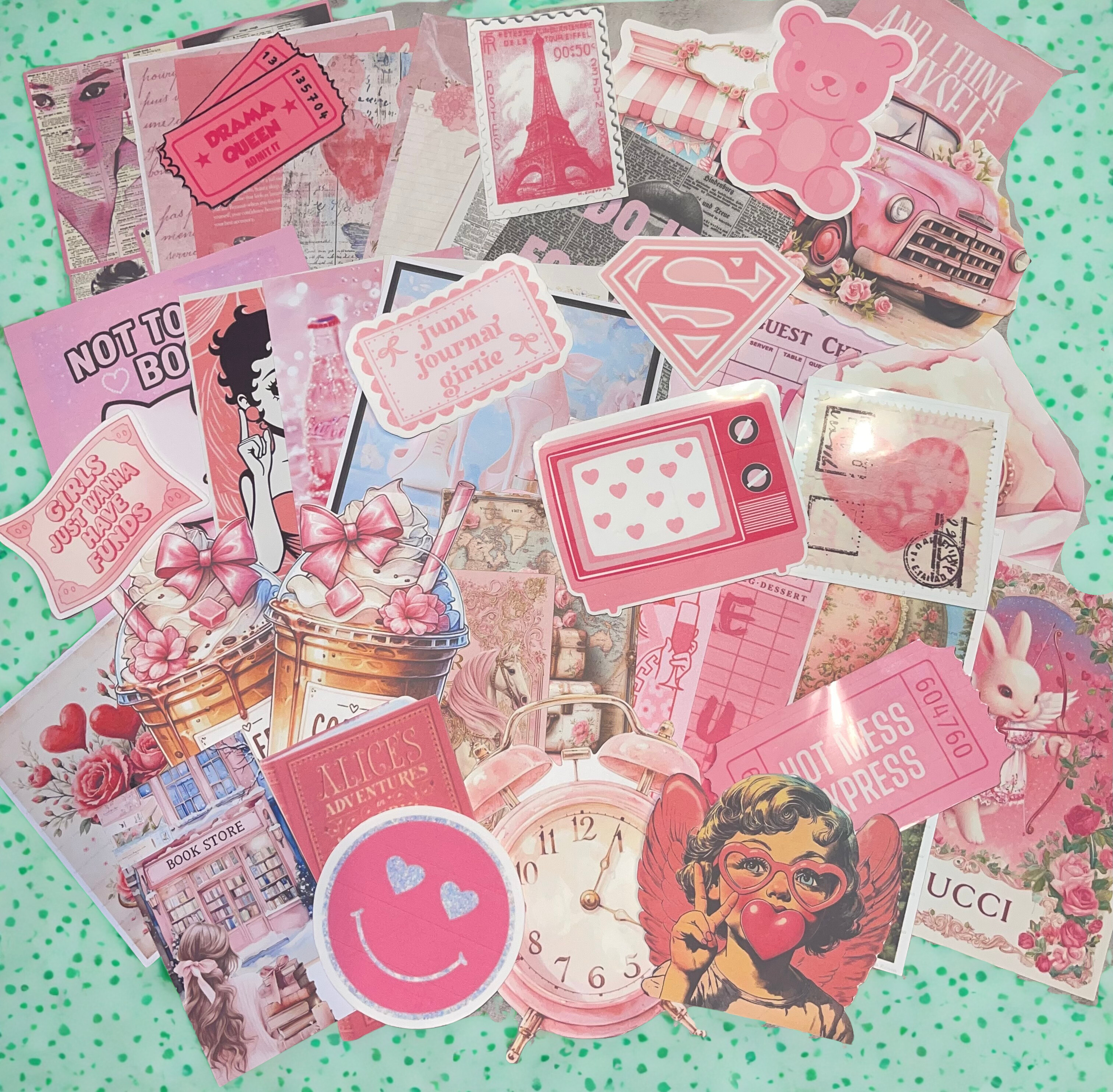 All Things Pink Ephemera Collection - DIY Junk Journal Kit with Paper, Photo Paper & Die Cut Stickers, Scrapbook Supply