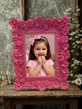 Pink 3D daisy resin photo frame - front view with flowers in vase
