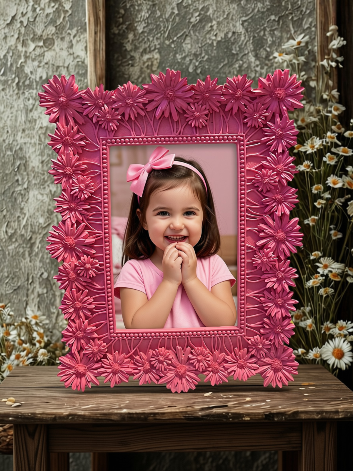 Pink 3D daisy resin photo frame - front view with flowers in vase