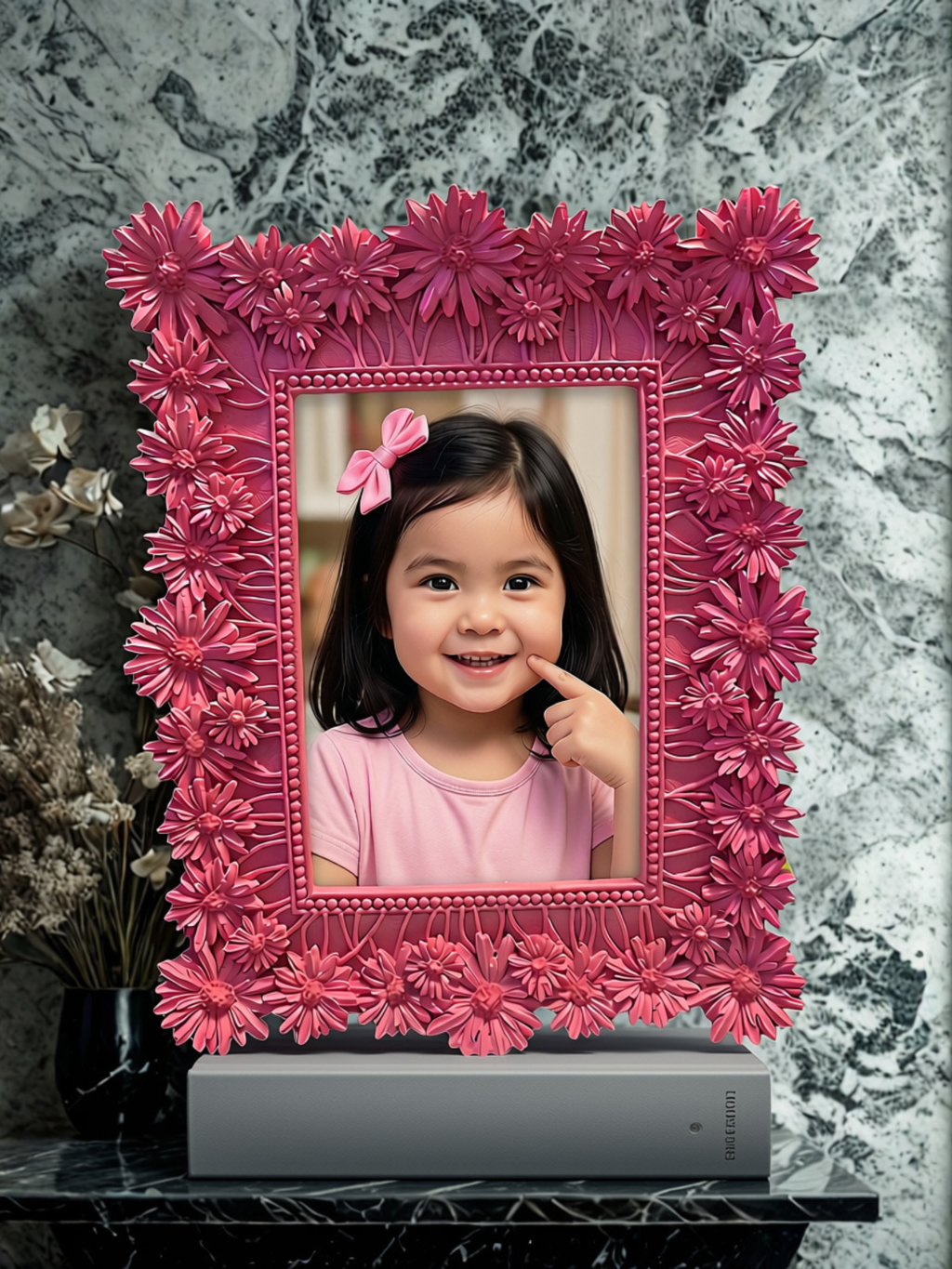 Pink 3D daisy resin photo frame - styled with child portrait