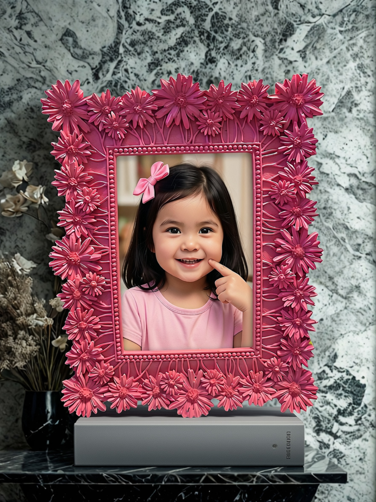 Pink 3D daisy resin photo frame - styled with child portrait