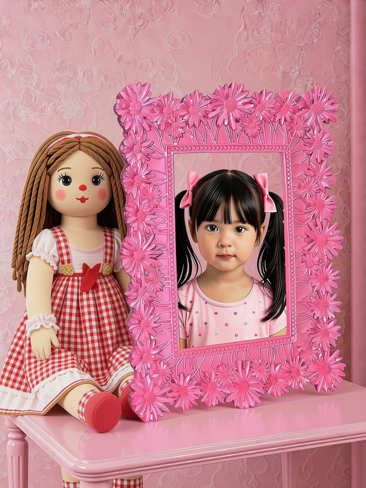 Pink 3D daisy resin photo frame - styled with doll and child portrait