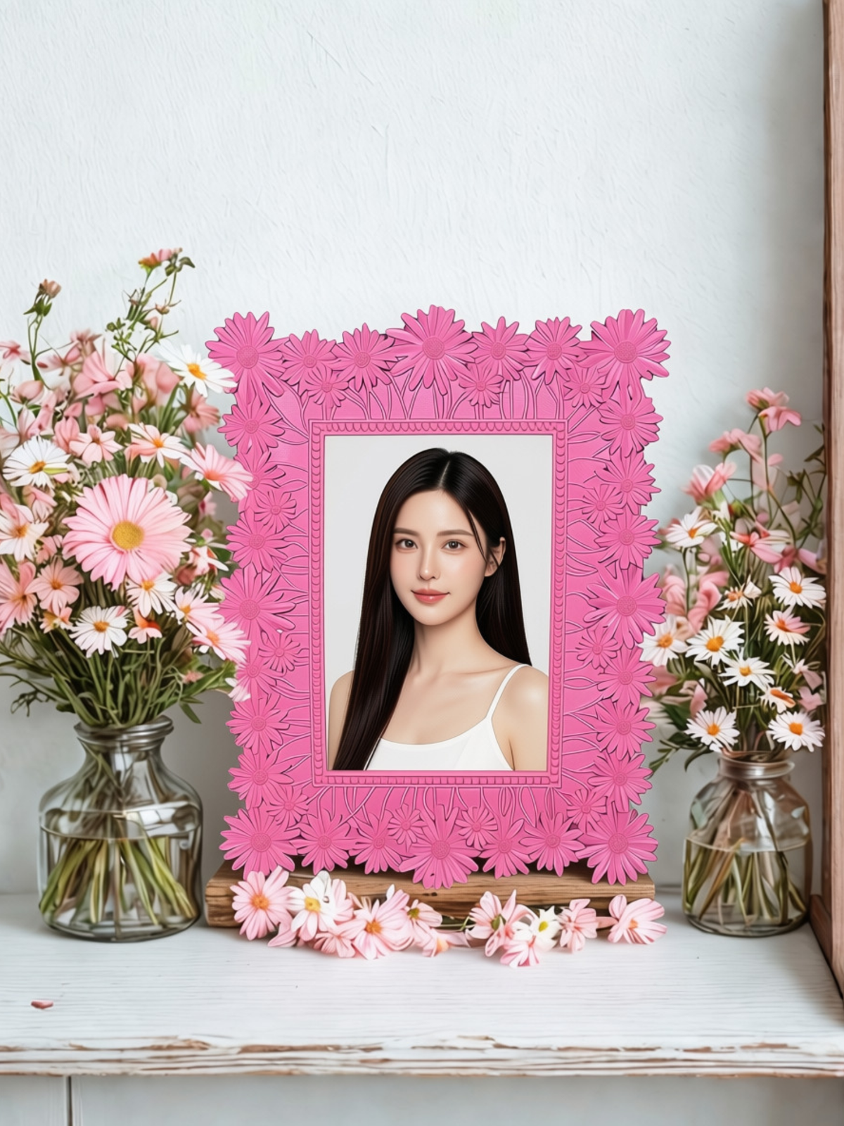 Pink 3D daisy resin photo frame - back view showing easel stand