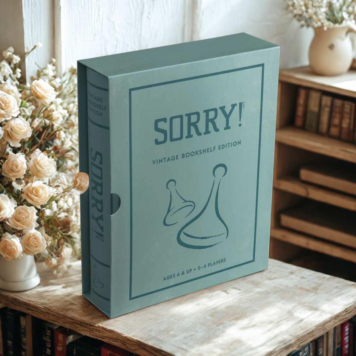 Sorry! Vintage Bookshelf Edition open box showing wooden pawns and Sorry! cards