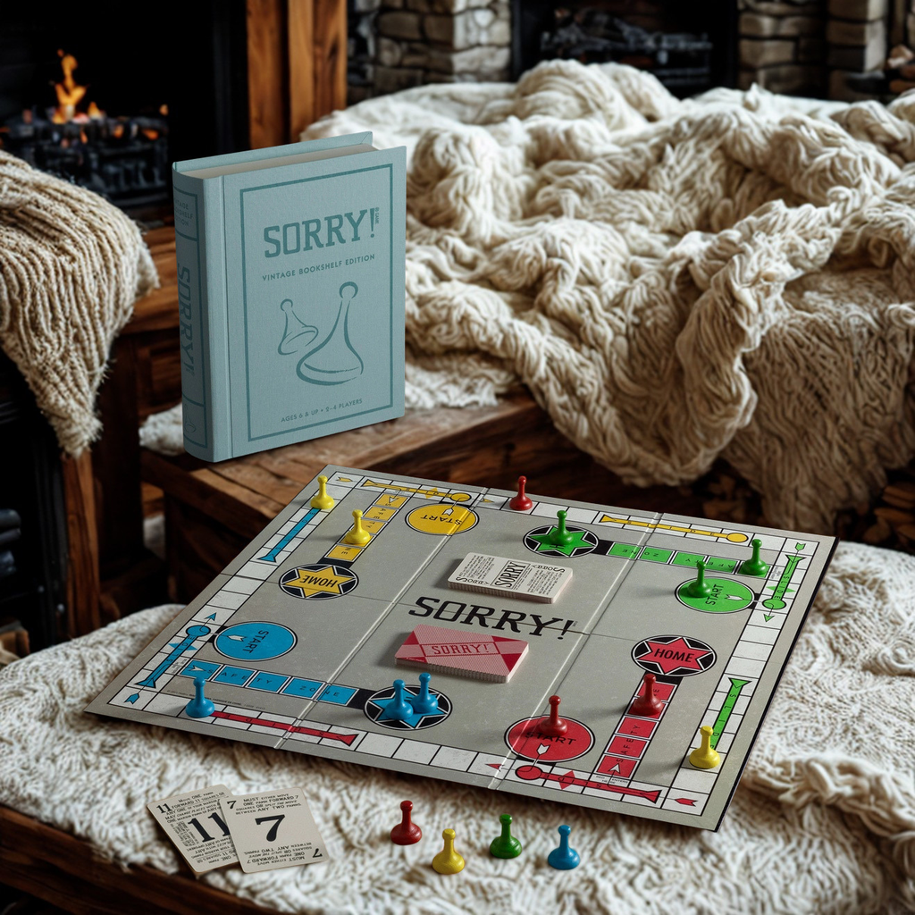 Sorry! Vintage Bookshelf Edition full game layout with board, book, and cards