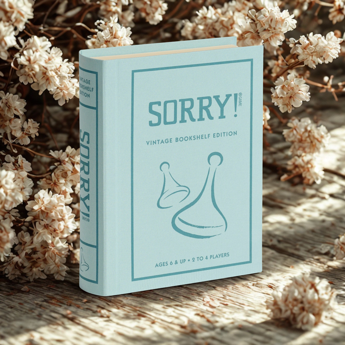 Sorry! Vintage Bookshelf Edition game board and book box displayed on wood surface