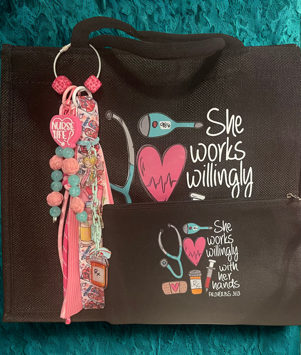 Nurse Tote Bag with Handmade Charm - Nurse Design Tote with Matching Zipper Bag & Beaded Charm, Gift for Nurses