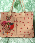 Strawberry Tote Bag with Handmade Charm - External Pocket Tote with Strawberry Pendant & Beaded Charm, Gift for Her