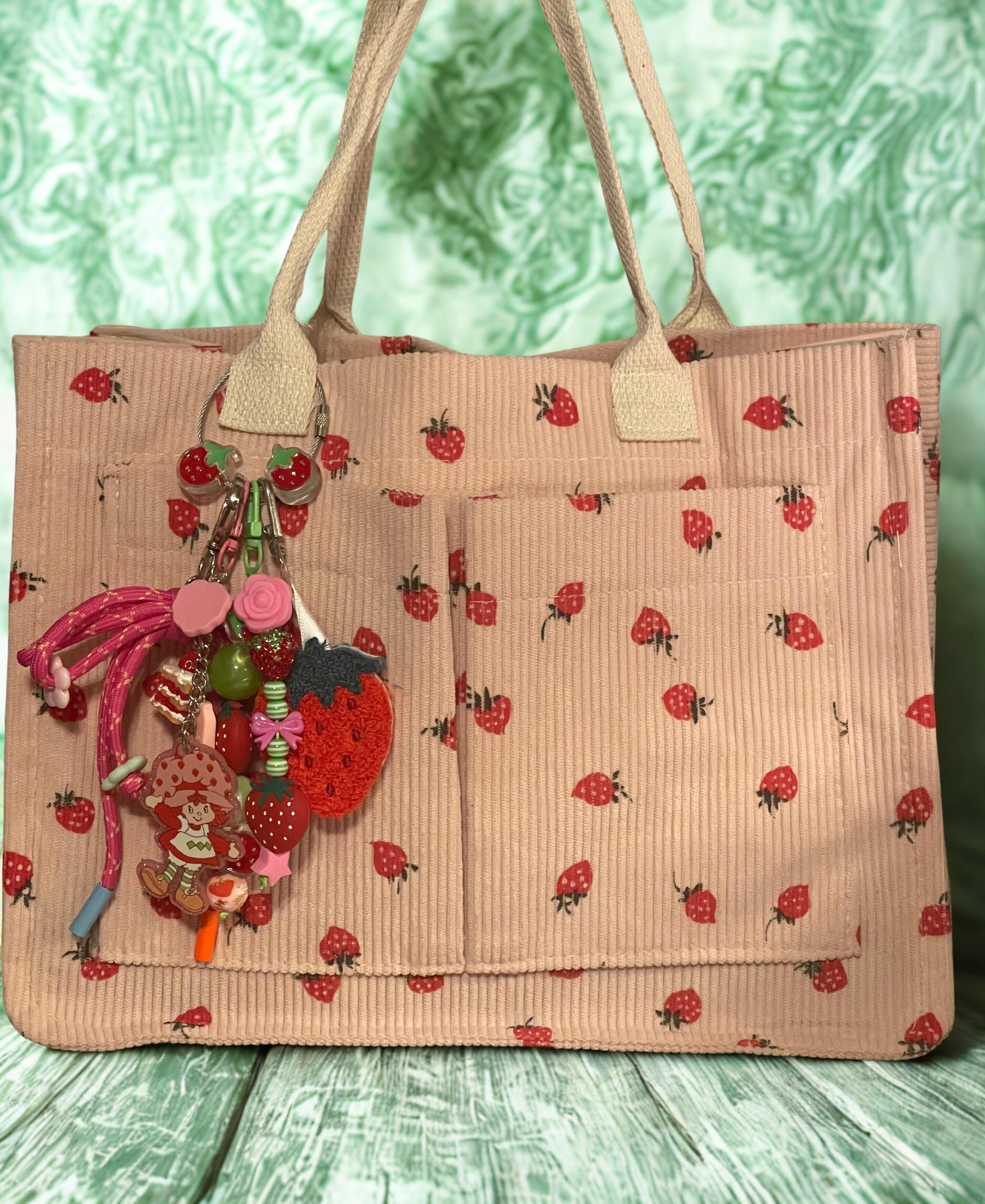 Strawberry Tote Bag with Handmade Charm - External Pocket Tote with Strawberry Pendant & Beaded Charm, Gift for Her