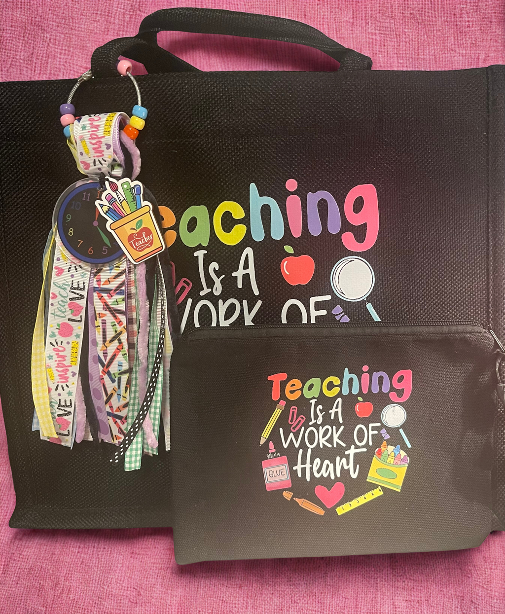 Teacher Tote Bag with Handmade Charm - Teacher Appreciation Tote with Zipper Bag & Beaded Charm, Gift for Teachers