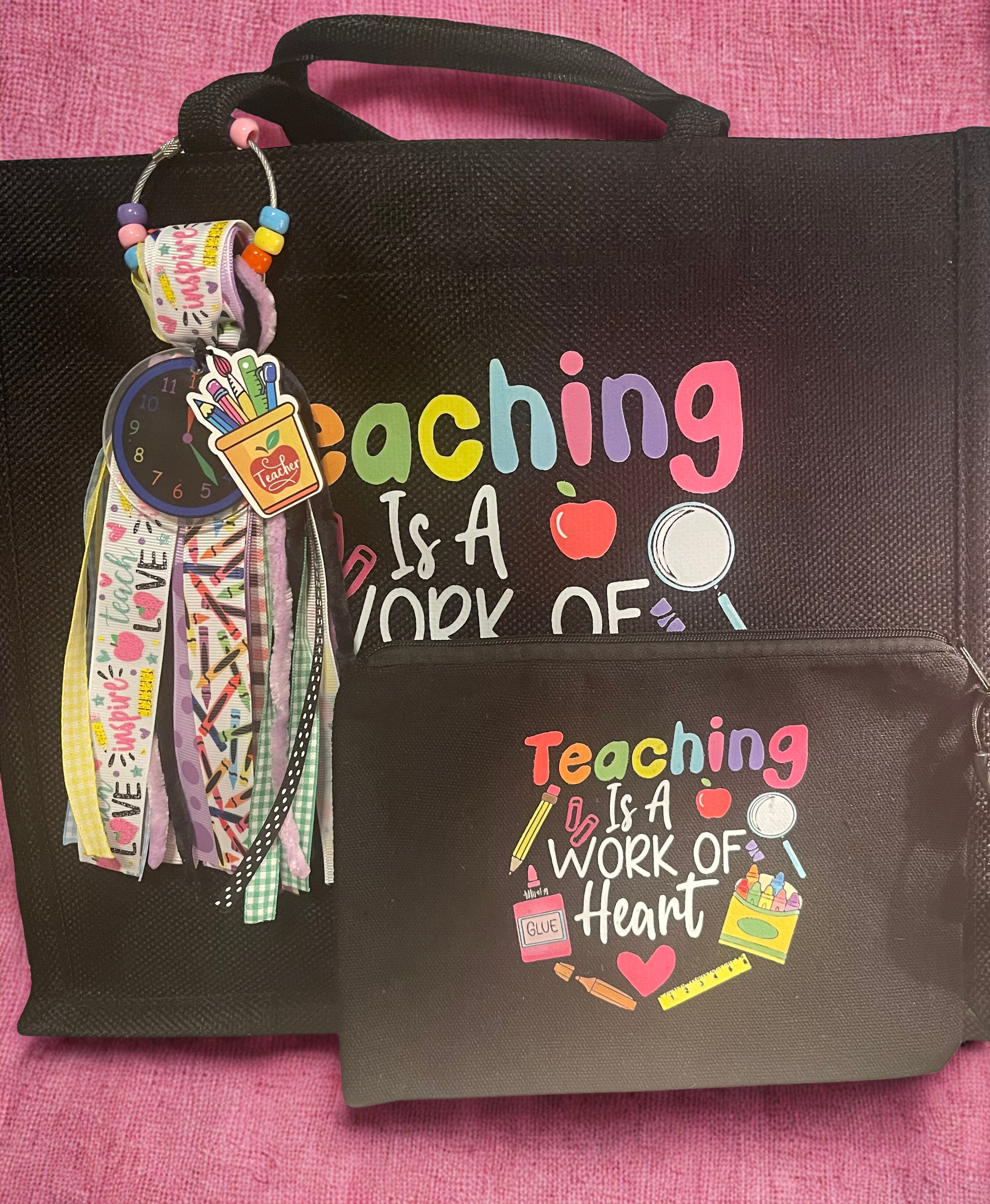 Teacher Tote Bag with Handmade Charm - Teacher Appreciation Tote with Zipper Bag & Beaded Charm, Gift for Teachers