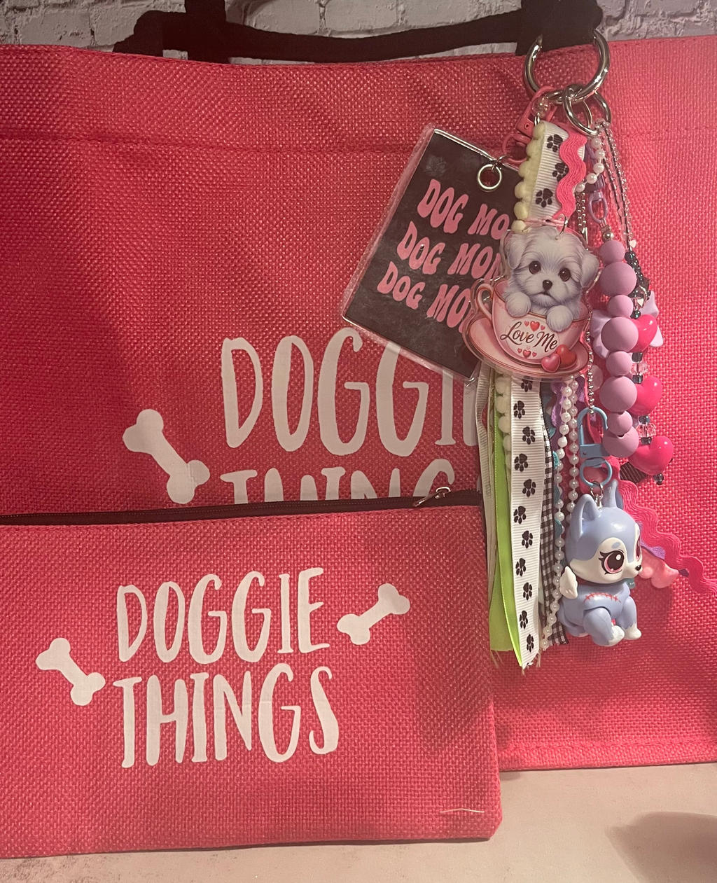 Doggie Tote Bag with Handmade Charm - Dog Lover Tote with Zipper Pouch & Beaded Charm, Gift for Dog Moms