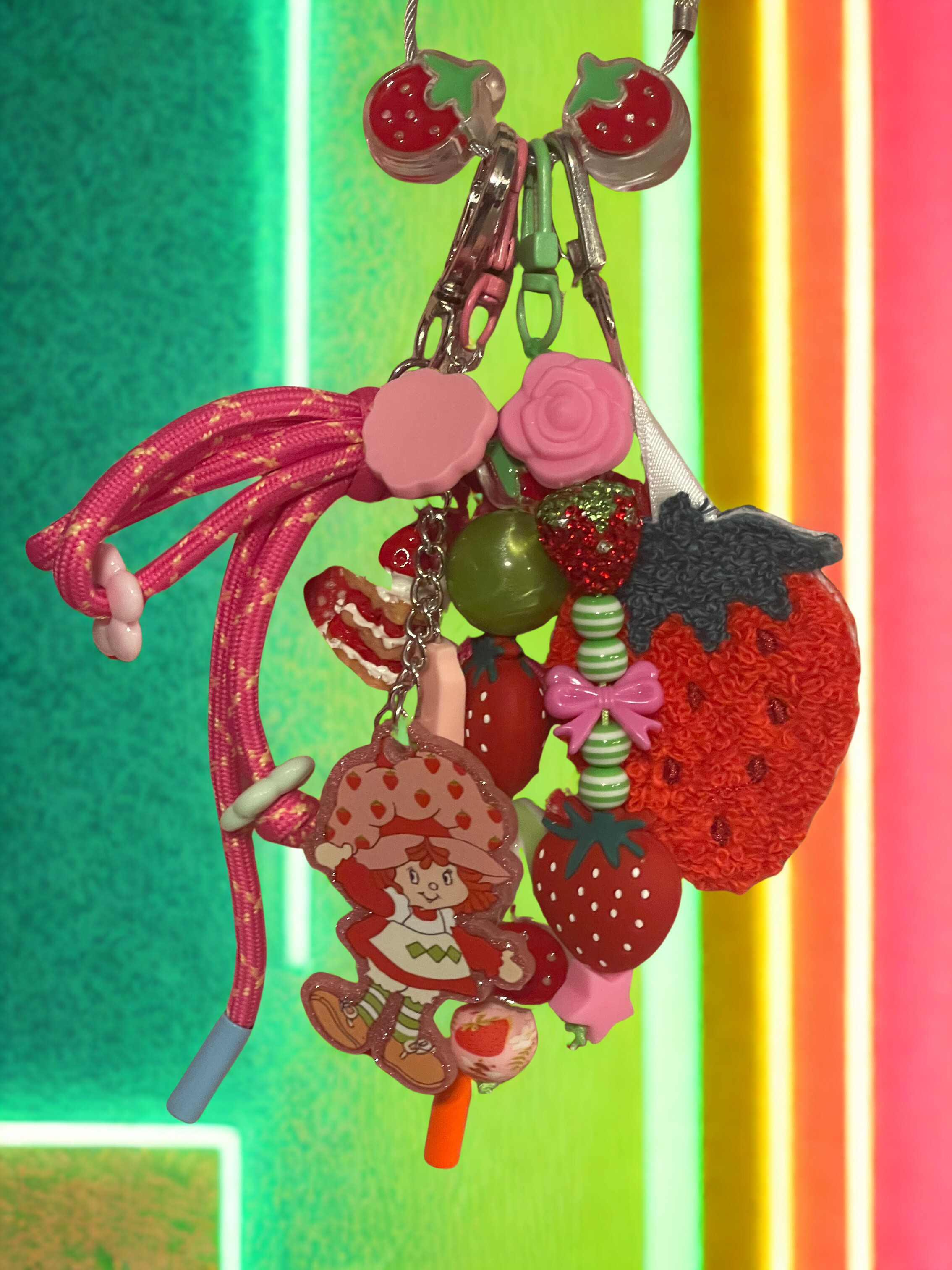 Strawberry Tote Bag with Handmade Charm - External Pocket Tote with Strawberry Pendant & Beaded Charm, Gift for Her