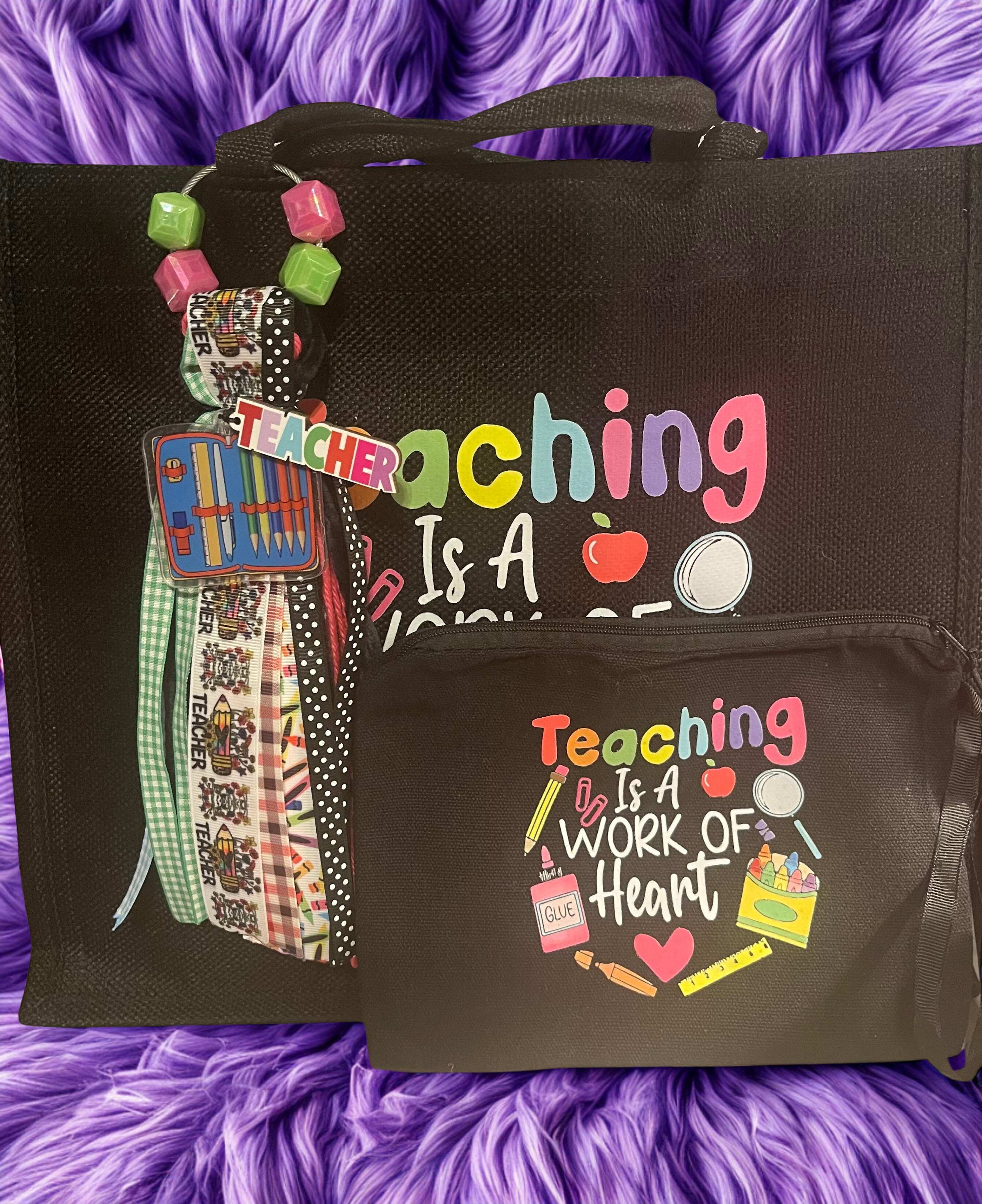 Teacher Tote Bag with Handmade Charm - Teacher Appreciation Tote with Zipper Bag & Beaded Charm, Gift for Teachers