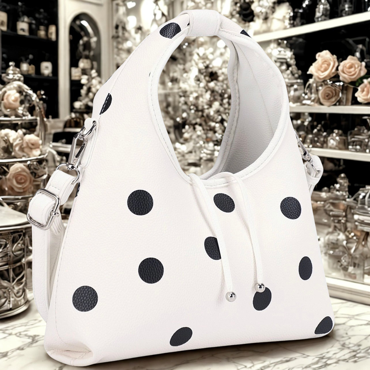 Polka Dot Drawstring Shoulder Bucket Bag - 2 Options