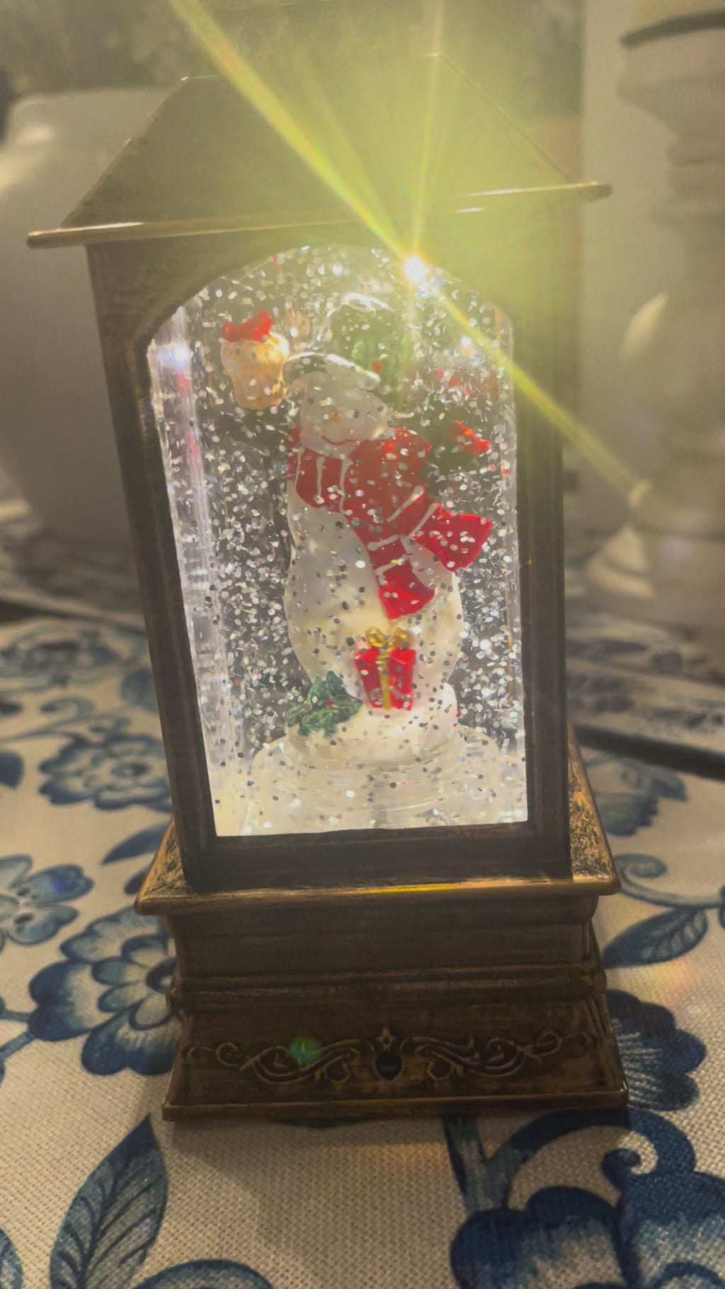 Vintage Christmas Glitter Lantern | Rotating Snow Globe | Music & Antique Bronze LED