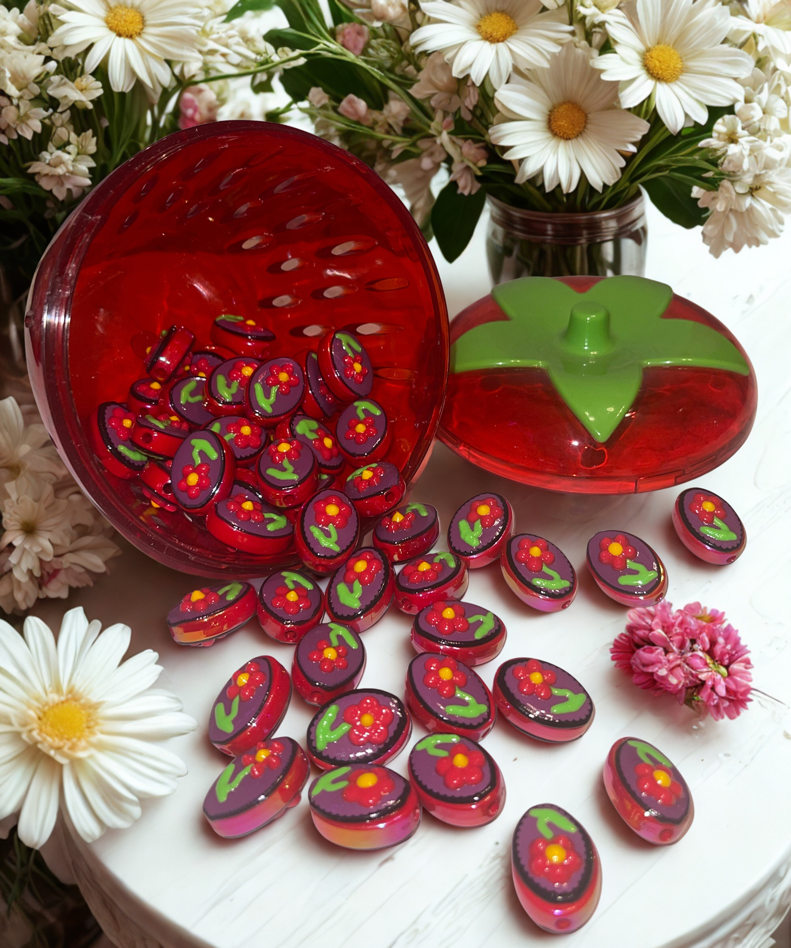 Acrylic Flower Beads - 25mm Flower & Bird Design Beads in 4 Color Options for DIY Crafts & Jewelry Making, 10 Per Pack